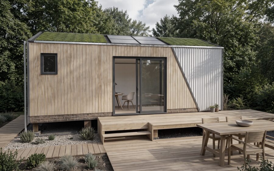 A timber-clad tiny home with a sedum green roof and roof-mounted solar panels, its sliding glass door opening onto a deck